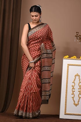 CHANDERI SILK BAGRU PRINT SAREE WITH ZARI BORDER