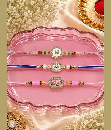Rhosyn Fancy 3 Designer Rakhis (Floral, Evil Eye & Shree Krishna), 1 Greeting & 1 Roli, Chawal, Pack. Adjustable Rakhi ( Pack of 3 , Multicolour )