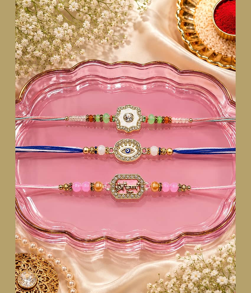 Rhosyn Fancy 3 Designer Rakhis (Floral, Evil Eye & Shree Krishna), 1 Greeting & 1 Roli, Chawal, Pack. Adjustable Rakhi ( Pack of 3 , Multicolour )
