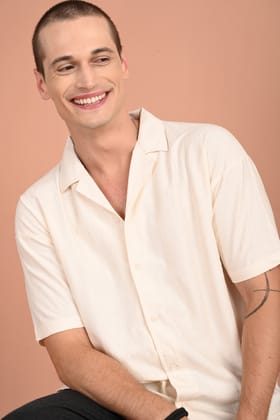 Cream Self Design Cuban Collar Shirt-M