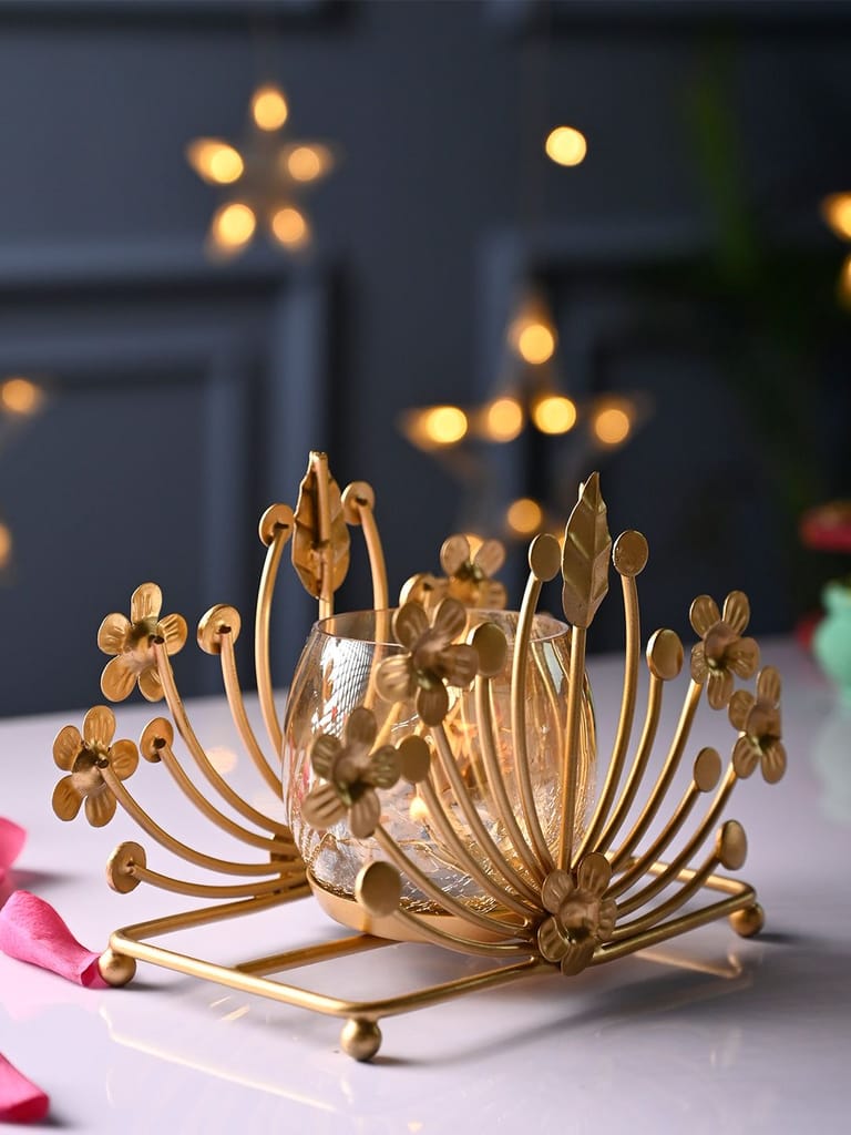 Elegant Gold Metal Flower Tealight Candle Holder with Glass Votive