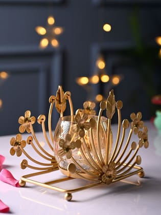 Elegant Gold Metal Flower Tealight Candle Holder with Glass Votive