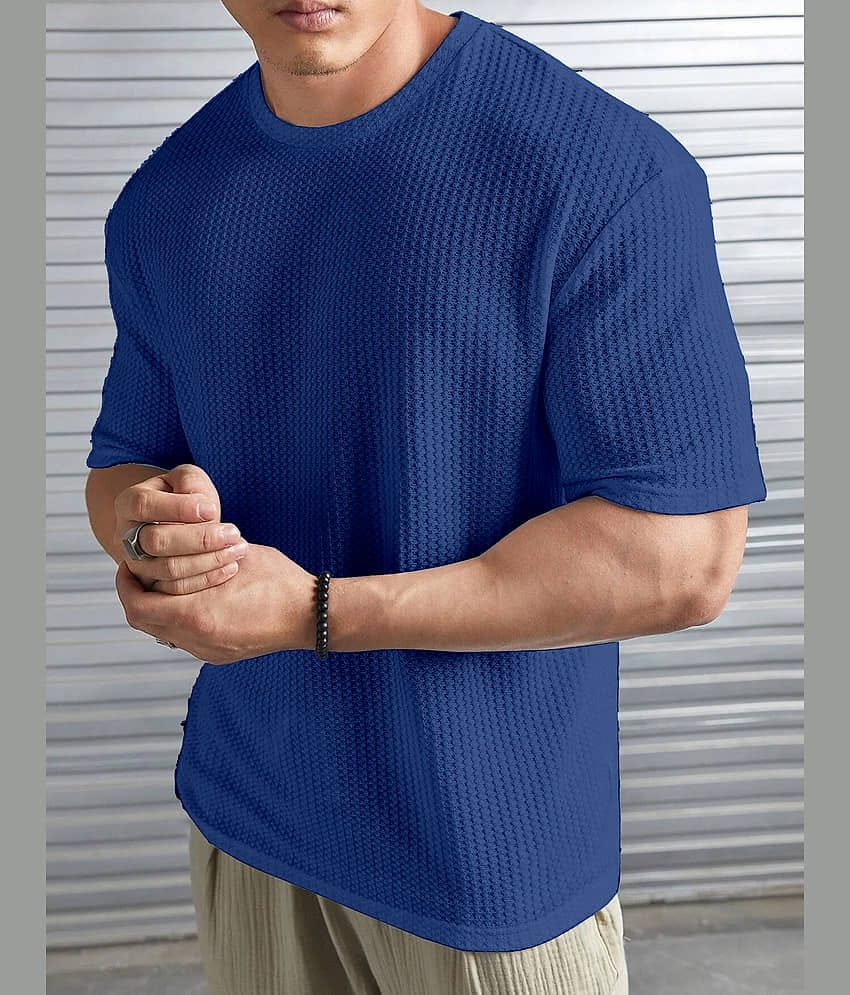 KAJARU Men Polyester Regular Fit Popcorn Textured T-Shirt ( Blue )