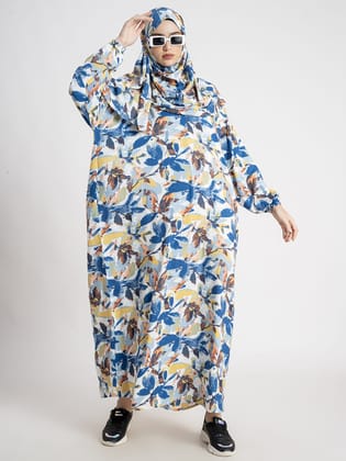 Chic Leaf Print Prayer Gown Blue-Small