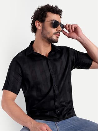 Black Textured Lining Half Shirt-S