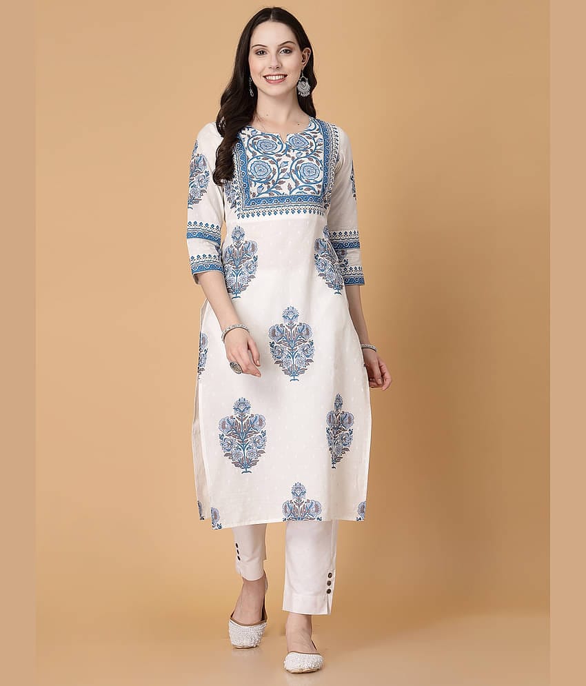 GOD BLESS Pack of 1 Cotton Printed Straight Women's Kurti - ( White )
