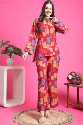 Magenta Color Abstract Printed Chanderi silk Co-ord Set-S
