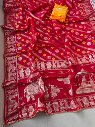 Pure dola silk fabric with beautiful dol zari  zari all over and hand bandej   zari havvy contrast bp suppr Saree