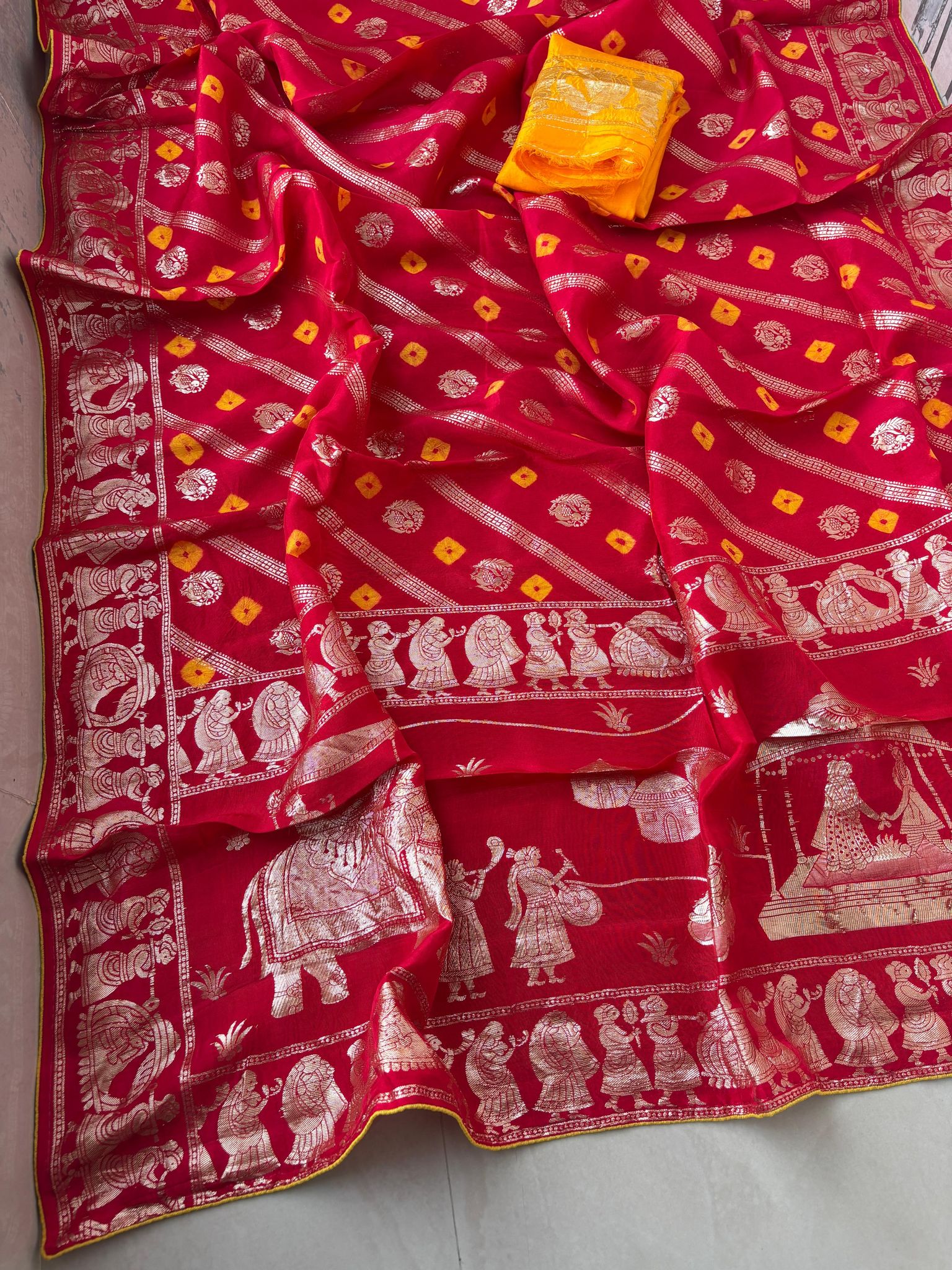 Pure dola silk fabric with beautiful dol zari  zari all over and hand bandej   zari havvy contrast bp suppr Saree