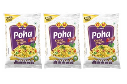 GM Foods Poha Khatta Meetha, 500g Pack of 3 (With Masala Inside) | Source of Fibre & Protein | White Thick Poha Healthy Food | Flattened with Rice/Atukulu | No MSG, Artificial Colors & Preservatives