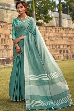 Sea Turtle Green Soft Linen Silk Saree