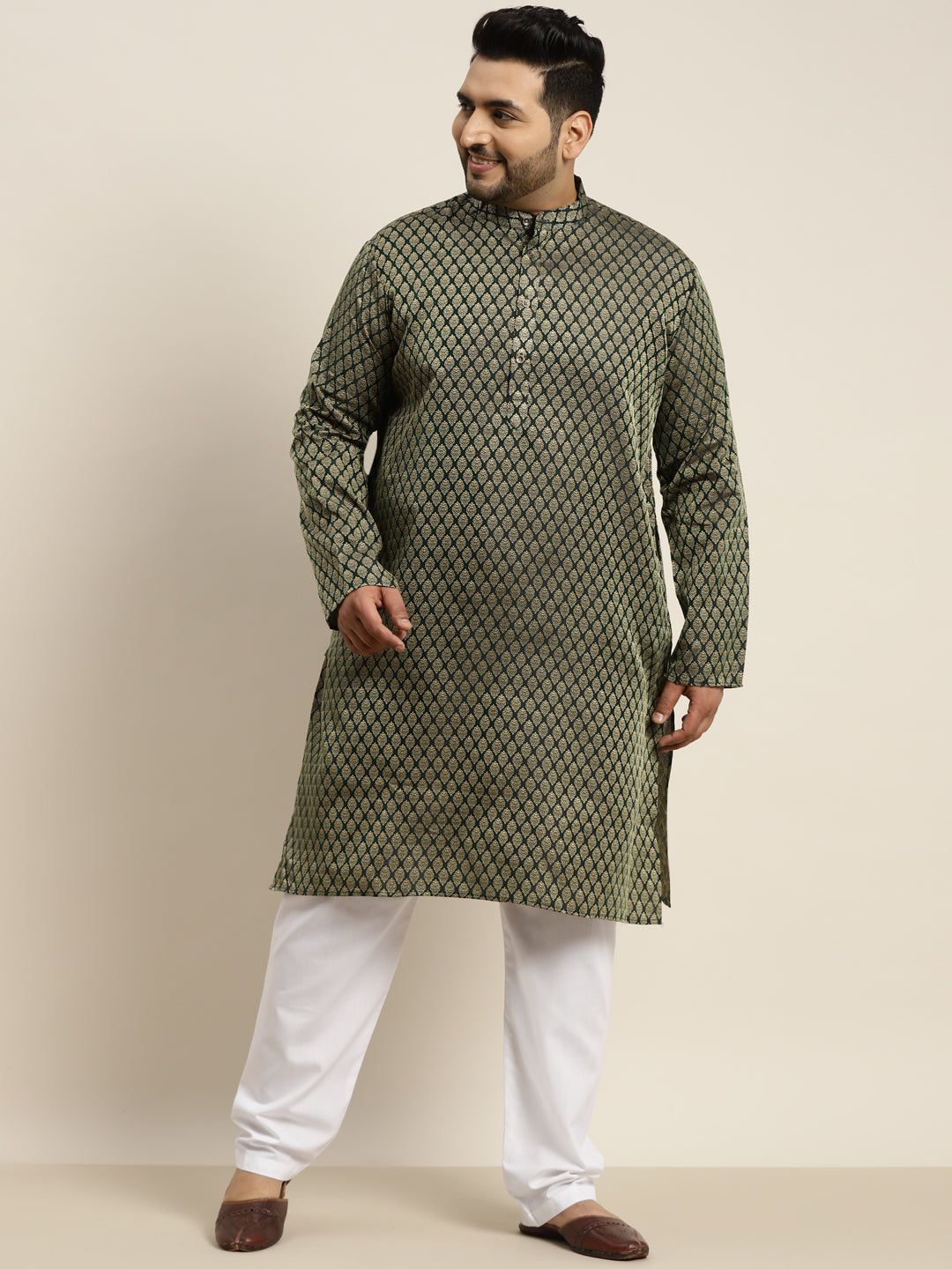 Men's Jacquard Silk Dark Green Self design Kurta & Off-White Pyjama-44