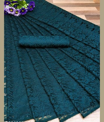 Saadhvi Net Embroidered Saree With Unstitched Blouse Piece ( Blue )