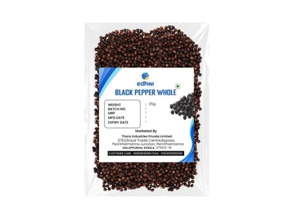 Edhwi Black Pepper, 50g | Kerala Spices, Authentic Malabar Pepper | Perfect for Cooking, Seasoning, and Flavor Enhancement | Rich in Antioxidants | Gluten-Free & Natural
