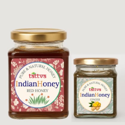 IndianHoney Red Honey & Warming & Anti-Inflammatory Ginger Infused Honey Combo Pack (500gm & 230gm)