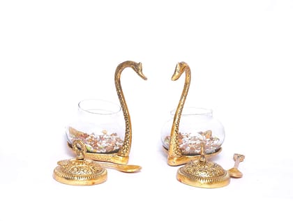 Dreamkraft Metal Kissing Swan (Duck) Glass Bowl with Spoon for Saunf Supari Tray, Dry Fruit and Candy, Mukhwas Traditional Serving Bowl Set (Gold - 12 x 9 x 15 cm)