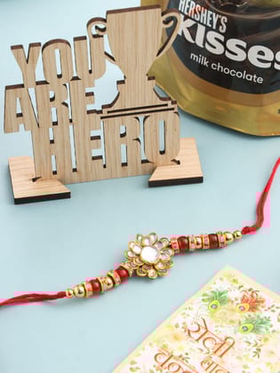 NVR Men's Red Kundan Studded Floral Design Thread Rakhi, Combo for Rakshabandhan-One Size / Red