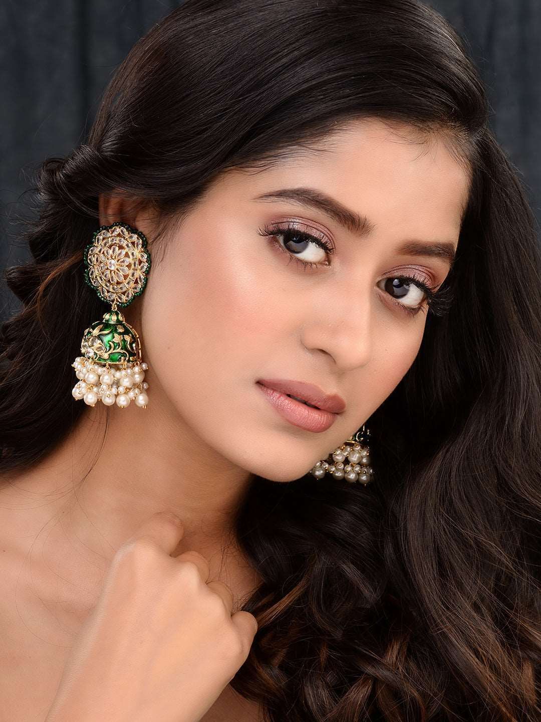 Gold Plated Polki studded Green Meenakari Pearl Drops Earrings