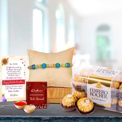 Designer Pearl Rakhi with Ferrero Rocher (16 pcs) and Roli Chawal Pack, Best Wishes Greeting Card