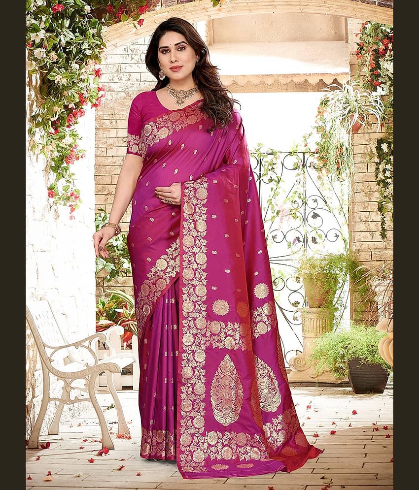 HEMA SILK MILLS Silk Blend Printed Regular Saree With Unstitched Blouse Piece ( Wine )