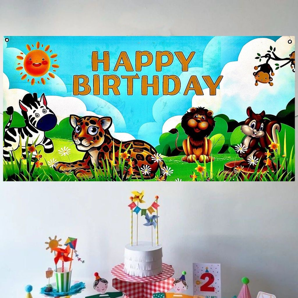Jungle Animal Theme Happy Birthday Banner for Wall Decor - 4FT X 2FT - 1PC - Party and Festive Needs | Buy online on ZillyBuy