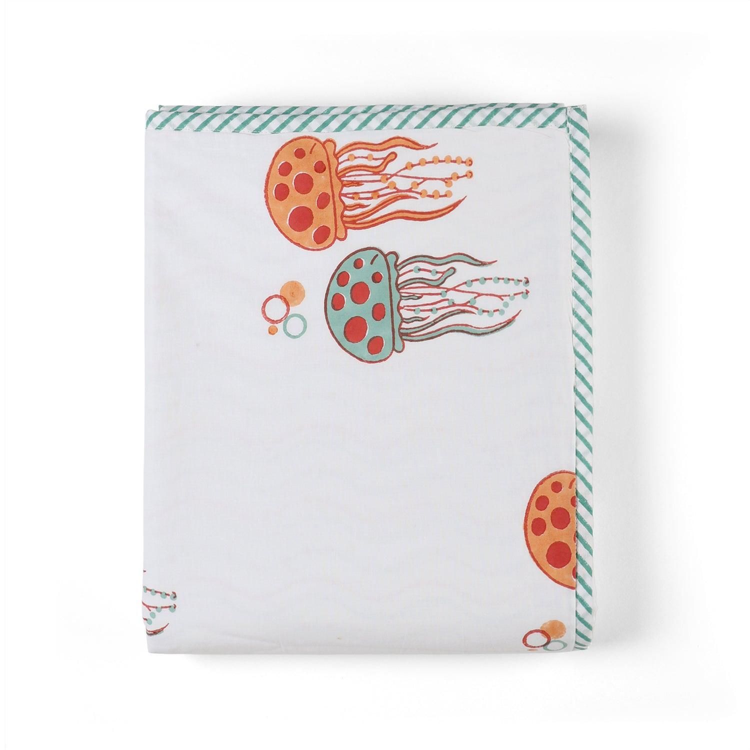 Hand Block Printed 3 Layer Mulmul AC Dohar 60x90-Orange/Blue/White / Mulmul / 60x90 Inches