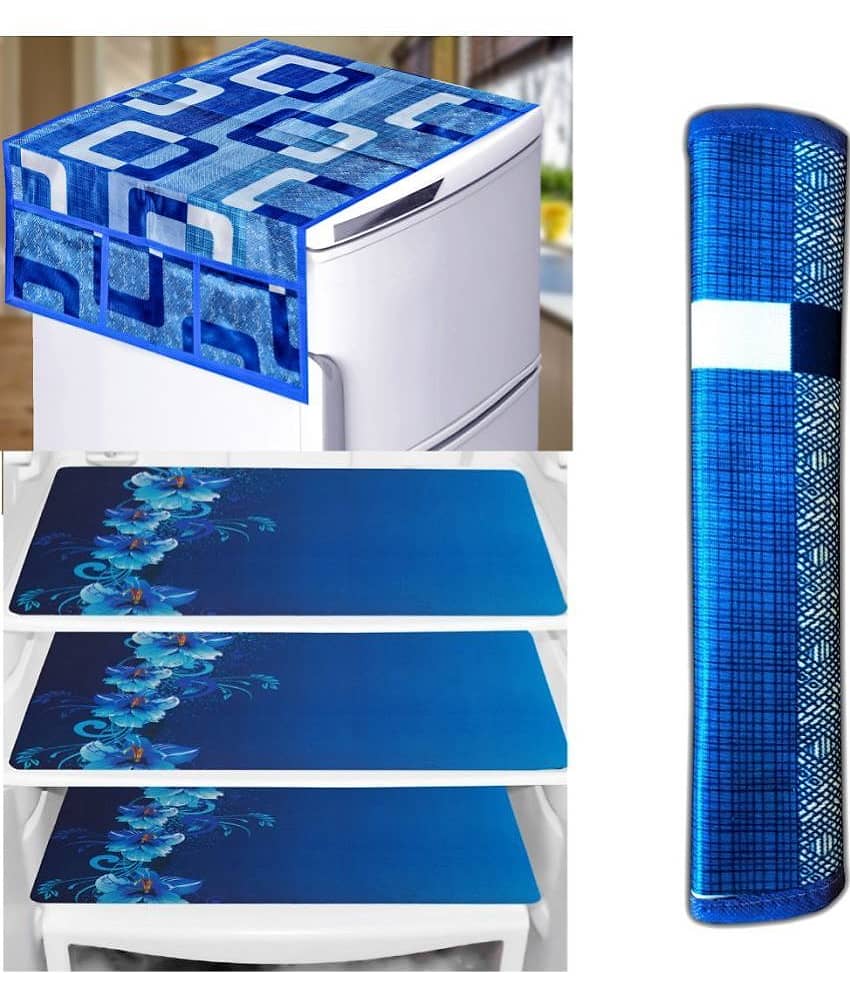 Crosmo Polyester Floral Printed Fridge Mat & Cover ( 64 18 ) Pack of 5 - Blue