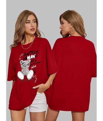 Leotude Women Cotton Blend Printed Oversized Fit Round Neck T-Shirt ( Red )