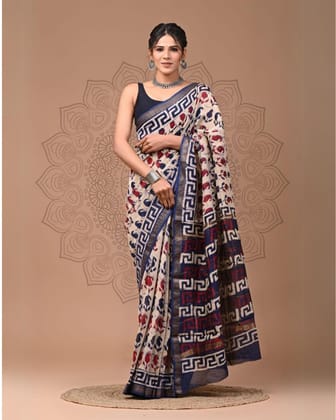Graceful Maheshwari Pure Silk Beige Saree Blockprint