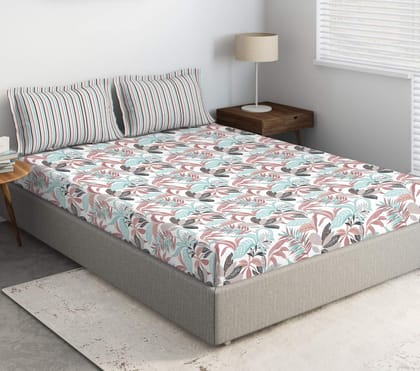 DDECOR - Alpha Collection 100% Cotton Leaves Pattern 136TC King Fitted Sheet|180 CM X 198 CM| - Multi