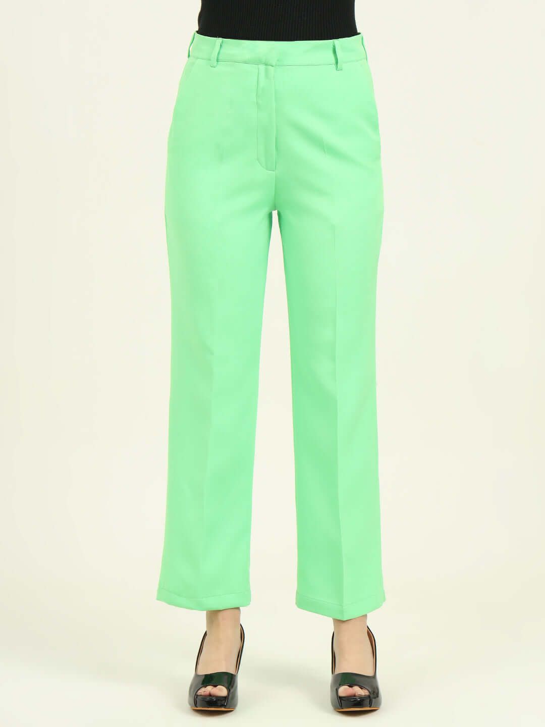 Women'S Luxury Banana Crepe Screamin Green Straight Fit Flap Pocket Trouser-28