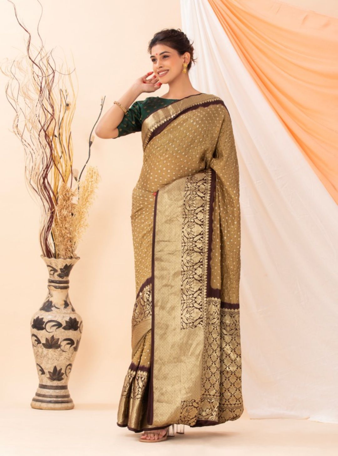 Golden Brown Bandhani Silk Saree