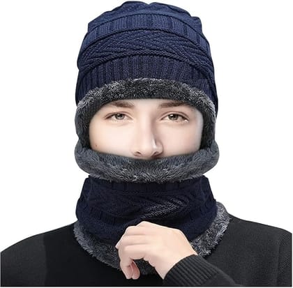 Winter Beanie Hat and Scarf Set, Fleece Lined, Cable Knit, Warm Neck Warmer, Navy Blue, Unisex