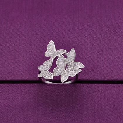 Pave Zircon Studded Butterflies Statement Silver Ring-White Stone / Silver / US 5 (15.6 mm Diameter)