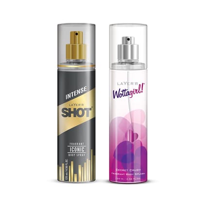 Layer�r Shot Gold Iconic & Wottagirl Secret Crush Fragrance Set, 2�135ml | Long-Lasting Premium Body Spray & Body Mist | Fresh Citrus, Musky & Sweet Fruity Notes | Everyday Wear | IFRA Certified