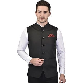 PrintCulture Men Solid Black Cotton Blend Nehru Jacket