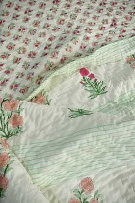Peach and Pink Floral Premium  HandBlock  Quilt - Double 90x108 inches