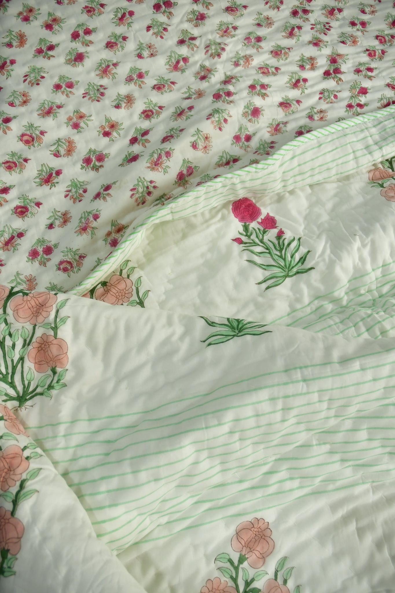 Peach and Pink Floral Premium  HandBlock  Quilt - Double 90x108 inches