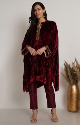 Maroon Embroidered Velvet Kaftan Set of 2-S