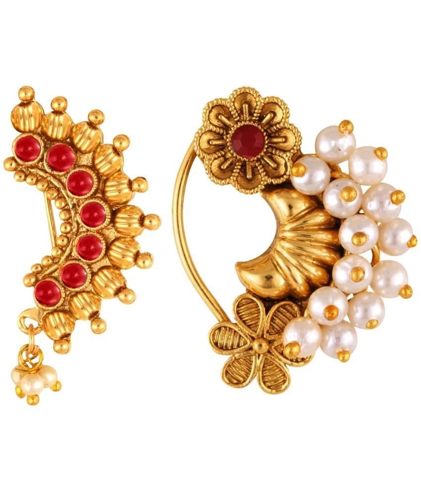 Vivastris Premium Gucchedar Maharashtrian/Peackock Styled Nosepin Combo Set Of 2 For Ladies-VIVA1113-1179NTH-Press-Red - Red