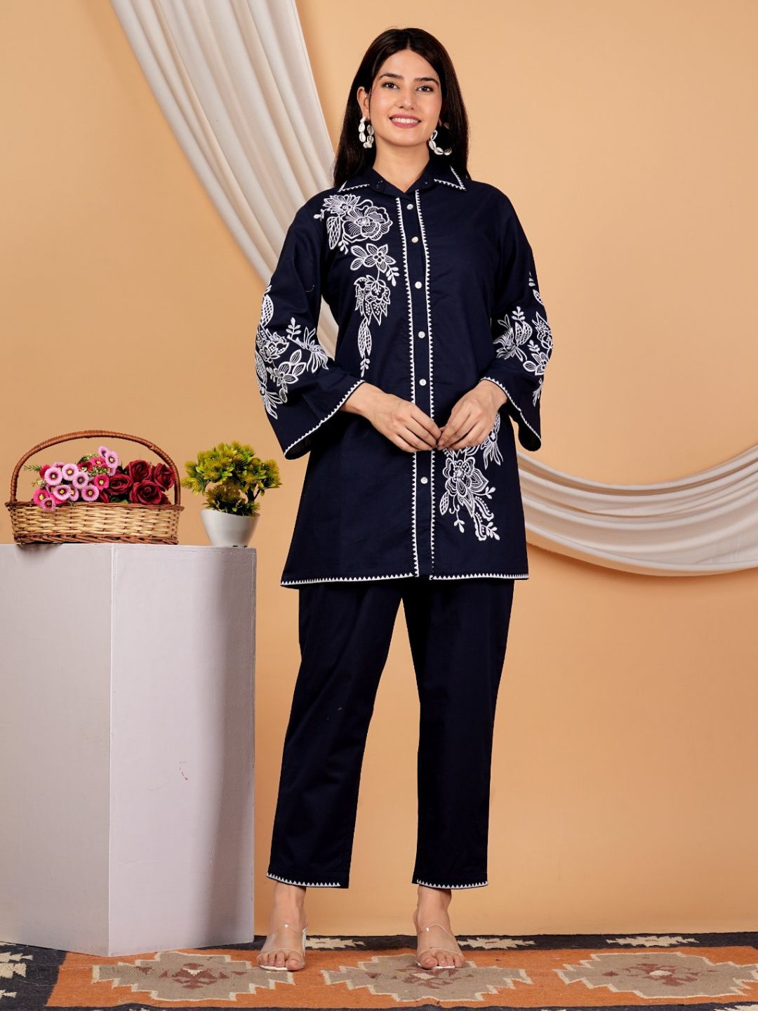 Navy Blue Cotton Co-Ord Set with Embroidered Charm-S