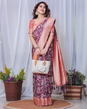 Regal Maroon and Peach Banarasi Silk Saree with Delicate Tassels-Regular