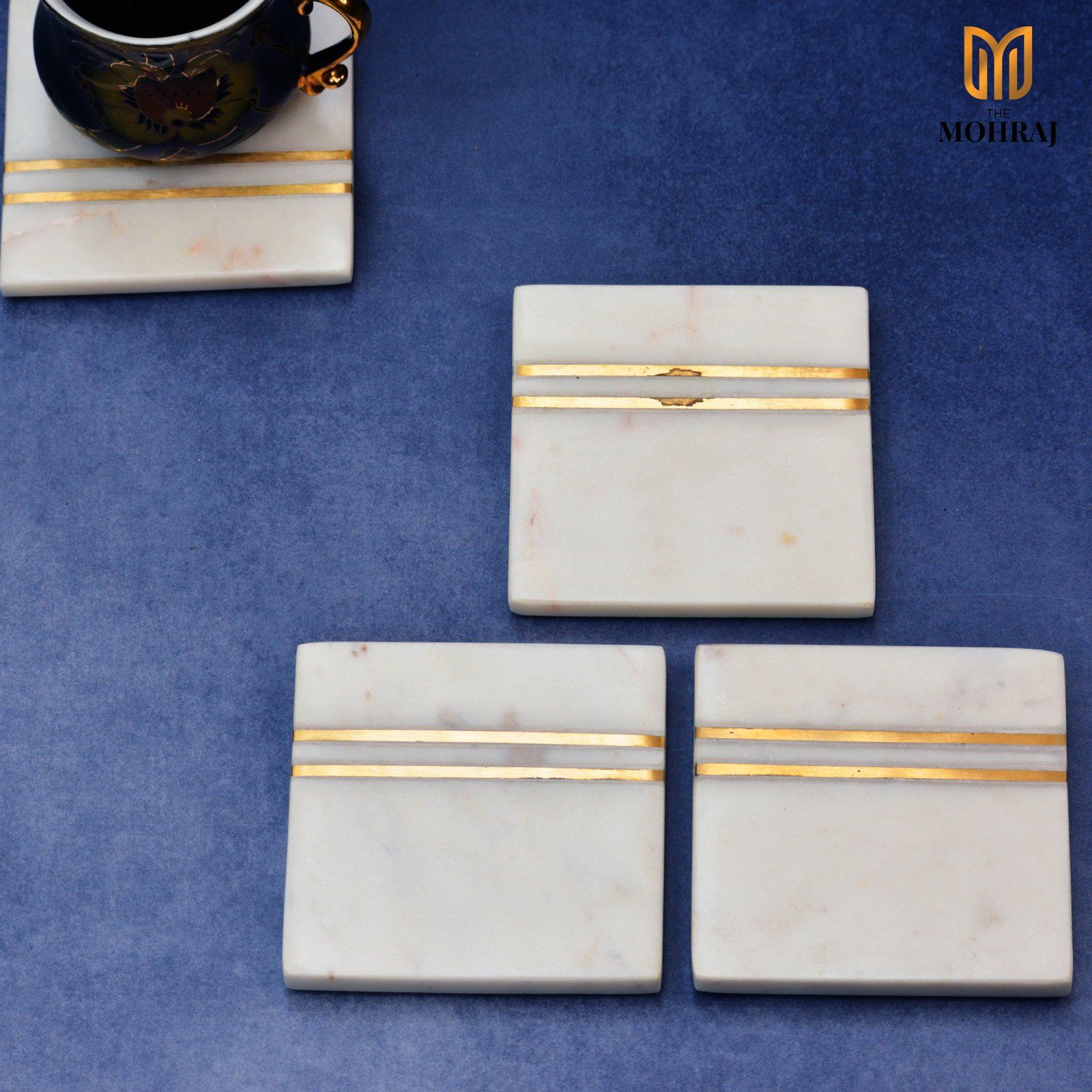 The Mohraj Square White Marble Inlay Coasters Set of 4
