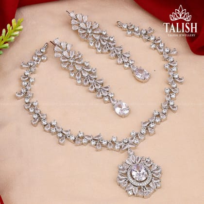 Elegant Silver-Plated Necklace and Earring Set with American Diamond Stones - Floral Design