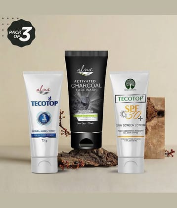 Alna Tecotop 3 in 1 with Charcoal Face Wash 75ml Each & Tecotop Spf 30+ 100ml , Pack of 3