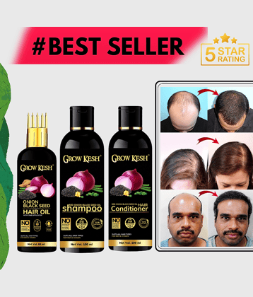 Growkesh Onion Hair Oil for Hair Regrowth and Hair Fall Control with Blackseed with Comb Applicator + Red Onion Shampoo and Conditioner for Anti-dundruff (Onion Hair oil,60ml + Onion Shampoo,100ml+Onion Conditioner,100ml)