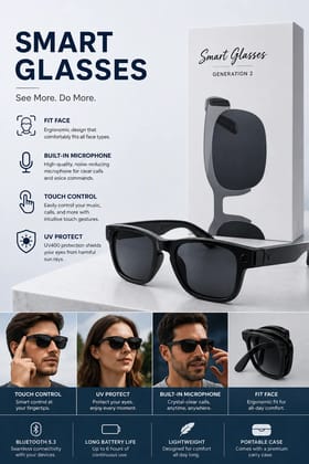 Smart Glasses with Built-in Microphone, Touch Control, UV400 Protection & Comfortable Fit Generation 2 (Design May Vary) Smart Glasses with Built-in Microphone, Touch Control, UV400 Protection & Comfortable Fit Generation 2 (Design May Vary)