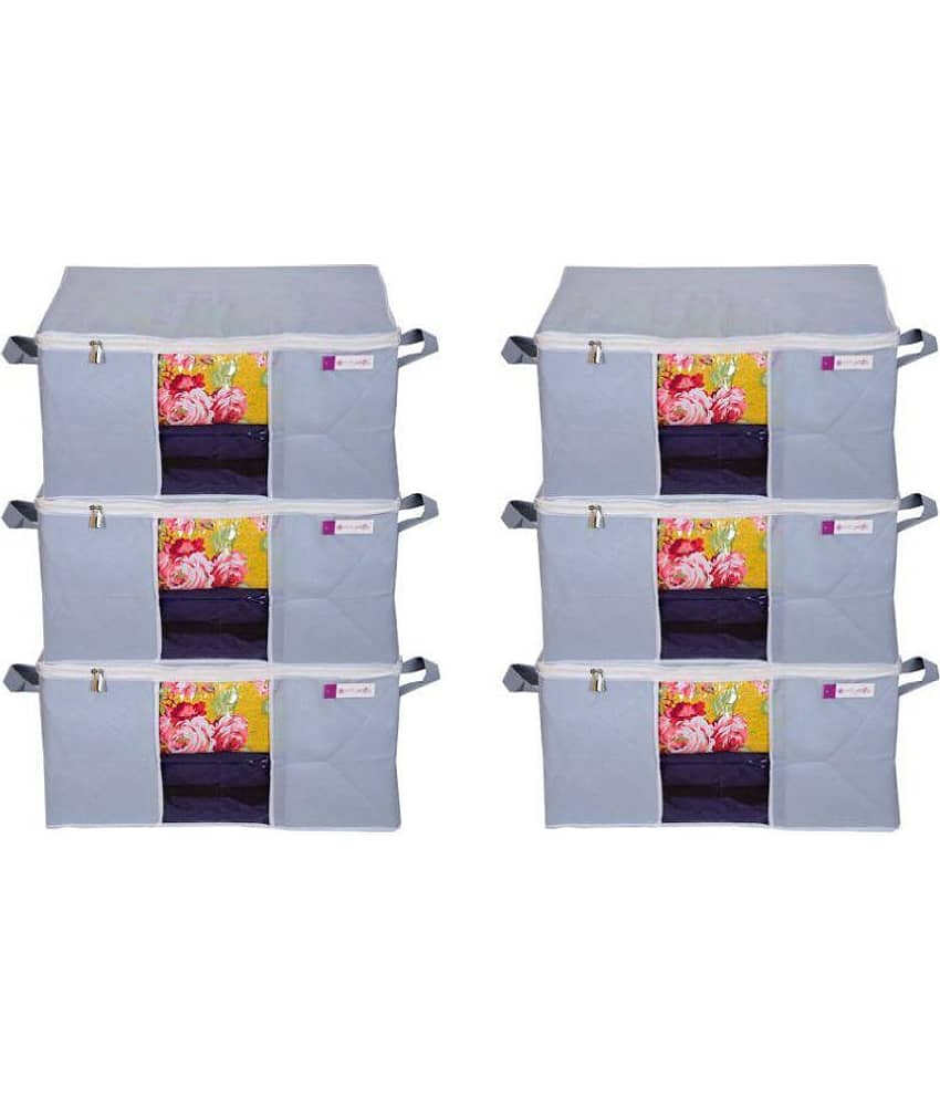 Prettykrafts Set of 6 Underbed/Almirah/Closet/Cupboard Storage Box/Basket/Bag, Storage Organizer, Blanket Cover with Side Handles - Grey