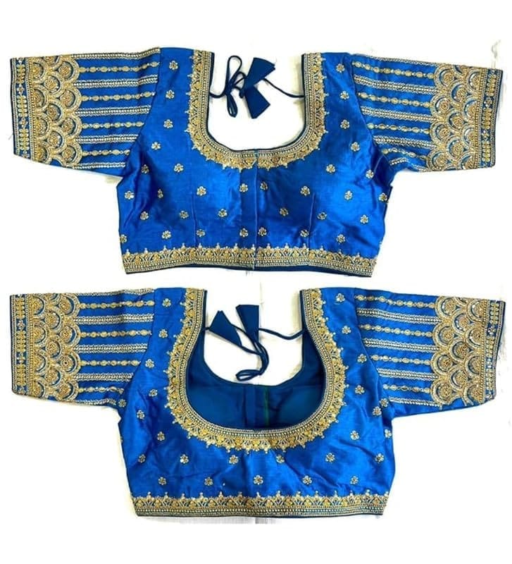 Women's Phantom Silk Embroidery Round Neck Short Sleeve Readymade Blouse (Royal Blue, Free Size)-PID57762