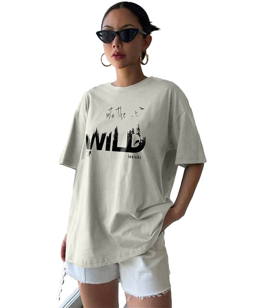 Leotude Women Cotton Blend Printed Regular Fit Round Neck T-Shirt ( Grey )